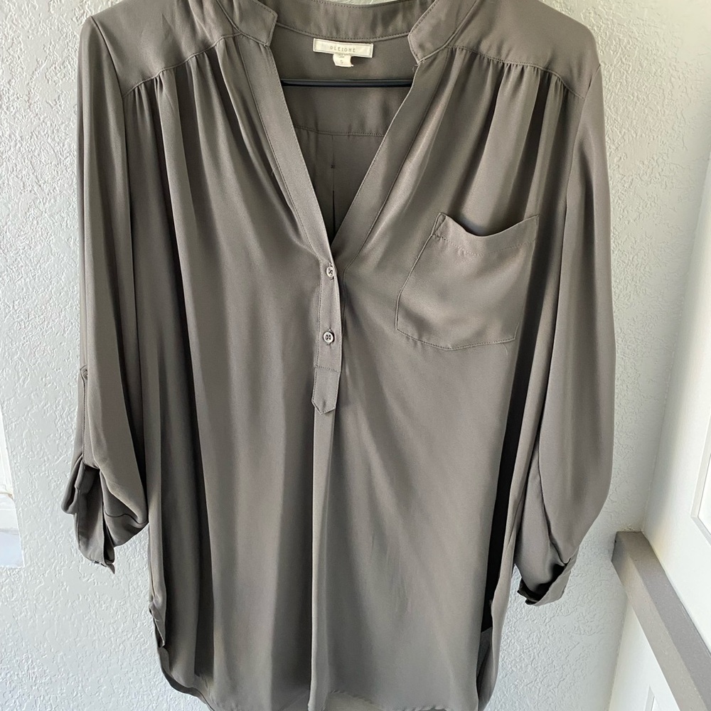 Pleione Charcoal Blouse with Roll-Tab Sleeves